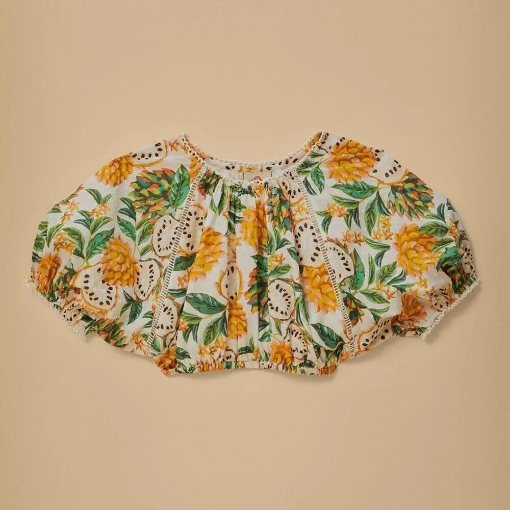 NWT FARM Rio Off-White Biriba Cropped Top Yellow Green Floral Puff Sleeve Blouse